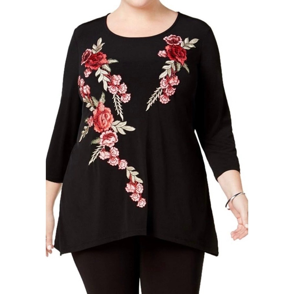 JM Collection Womens XL Black Floral Embroidered Sharkbite Tunic 3/4 Sleeve Top